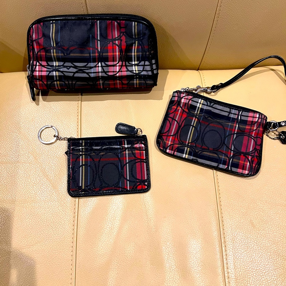 EUC red plaid tartan Coach accessory bundle. Cosmetic bag, wallet, wristlet